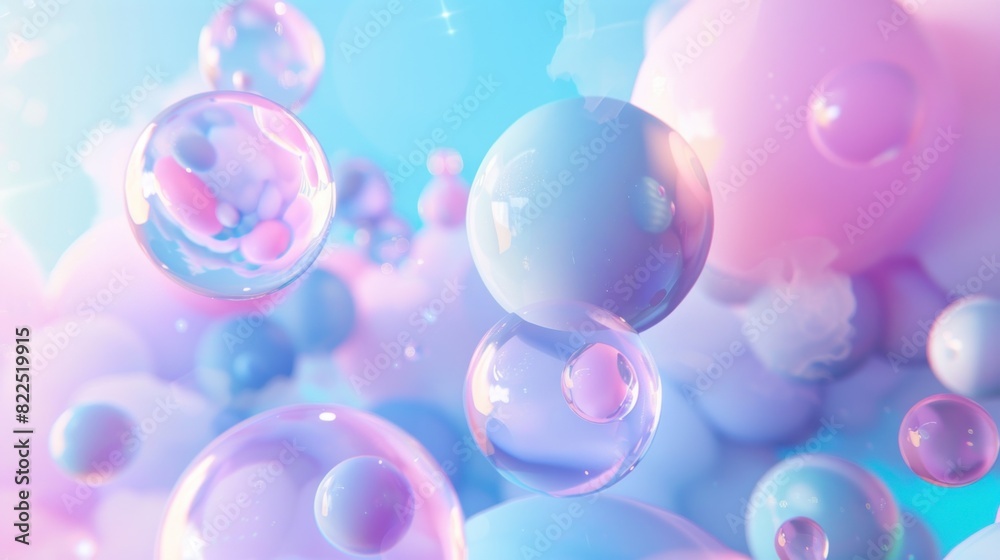 Abstract 3d spheres in pastel pink and blue colors floating in space background. Generated AI
