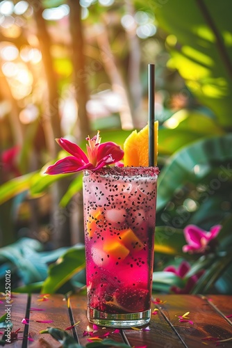 Stock photo, exotic cocktail with dragon fruit and mango, tropical garden, palm trees and colorful flowers, 