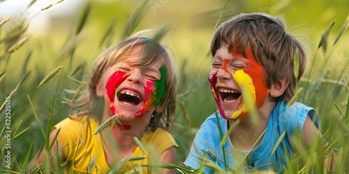 Two children laughing  their faces painted with bright colors  chase each other through a field of tall grass