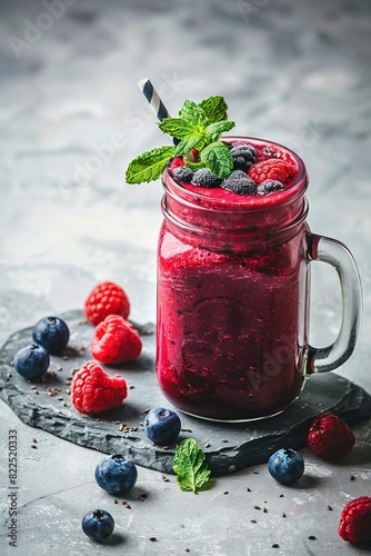 Berry smoothie with blueberries, raspberries, and mint in a mason jar on a slate plate
