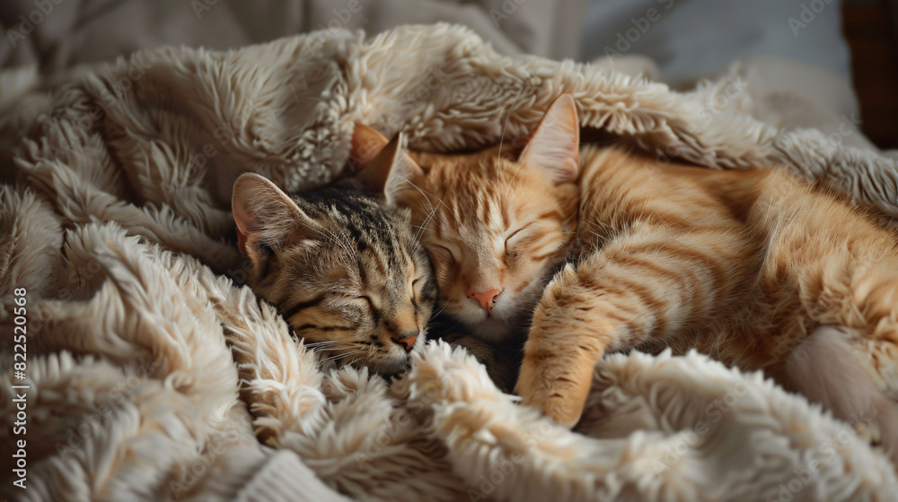 Two adorable cats cuddling in a fluffy blanket