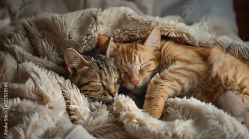 Two adorable cats cuddling in a fluffy blanket