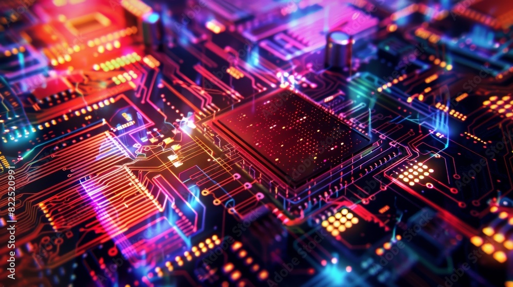 The circuit board seems to be a chaotic blur of multicolored lines and shapes giving a glimpse into the highly advanced technology of quantum computing. The circuit board seems to be a chaotic blur of multicolored lines and shapes giving a glimpse into the highly advanced technology of quantum computing.
