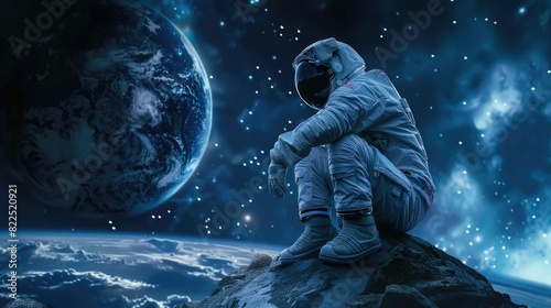 Astronaut in spacesuit sits on another planet. Spaceman in deep space photo