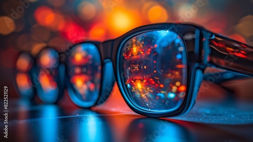 Close-up of glasses reflecting colorful bokeh lights in a vibrant and abstract background. © victoriazarubina