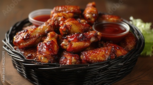 A basket of crispy chicken wings with dipping sauce on the side, on a solid brown background.