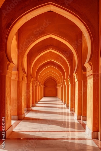 Orange arabic architecture style corridor with arches 