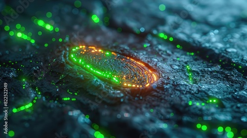 A biometric fingerprint scanner with neon green lights, on a solid grey background.