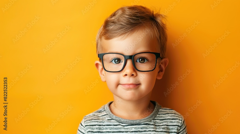 A young boy with short brown hair and black glasses is pictured against a solid yellow background