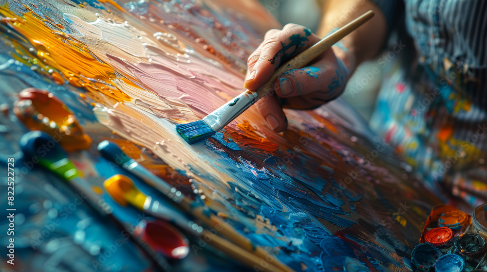 Fototapeta premium Oil painting. The artist's hand holds a brush and paints on canvas. Close-up.