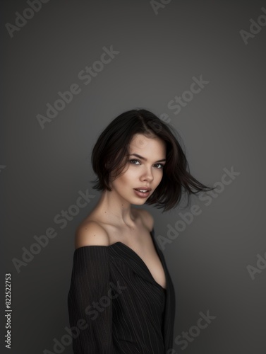 A woman in a stylish business suit with a fashionable haircut, smiling, strict makeup.