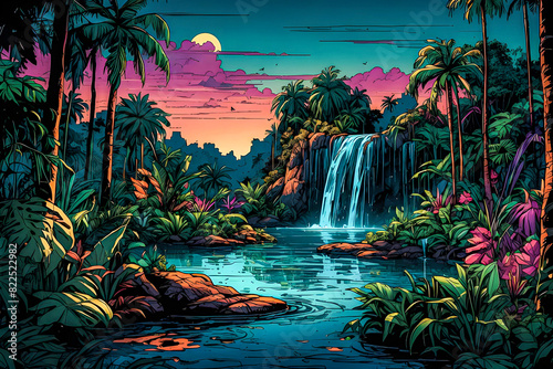 A neon-lit jungle waterfall cascading into a pool of glowing water  surrounded by lush vegetation and exotic animals vector art illustration generative AI image. 