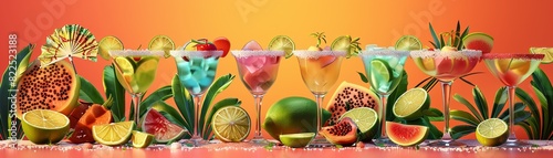 A playful margarita bar with frozen and on-the-rocks margaritas in different flavors  each glass rimmed with salt or sugar and garnished with lime and fruit