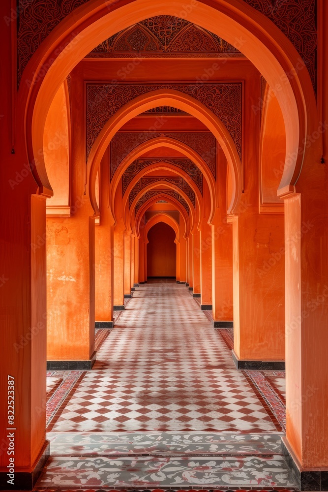 Fototapeta premium Orange arabic architecture style corridor with arches 