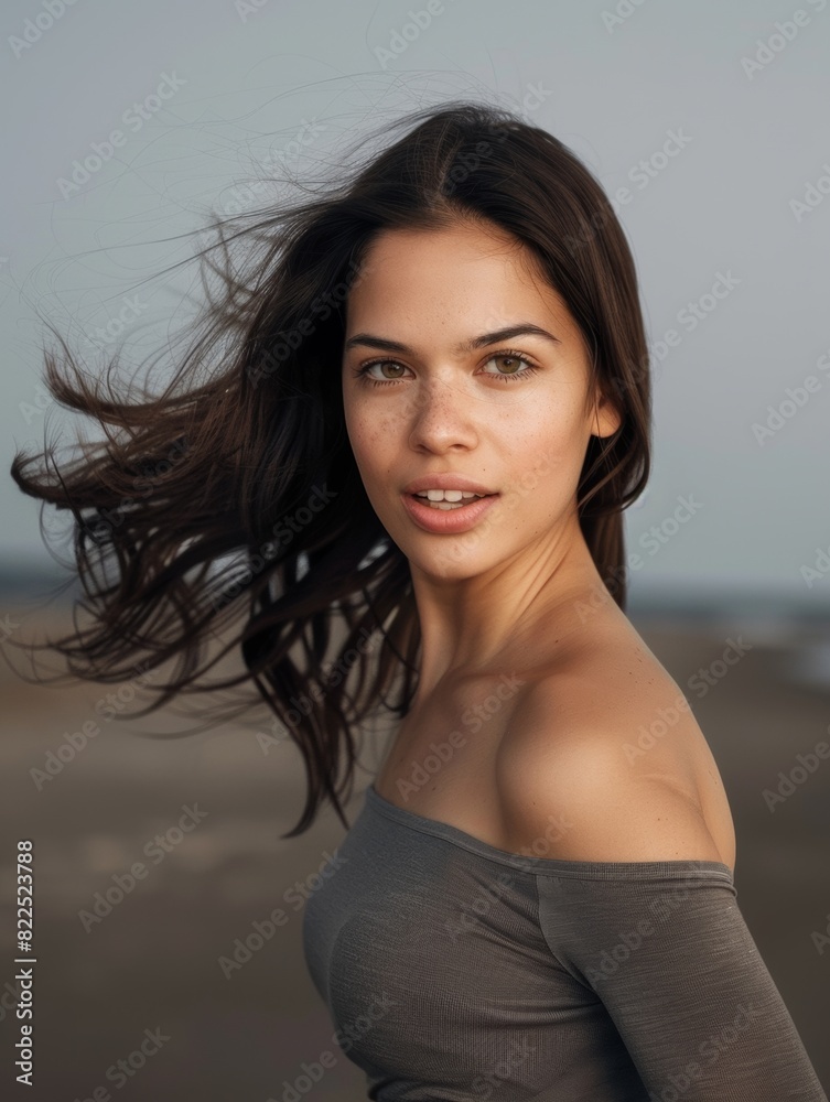 A young brunette woman jogging in nature looks at the camera and smiles. Active lifestyle. Health and beauty. A young brunette woman jogging in nature looks at the camera and smiles. Active lifestyle. Health and beauty.