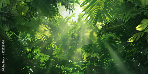 The lush green jungle canopy towers above  teeming with life  its vibrant leaves blocking out the harsh rays of the sun