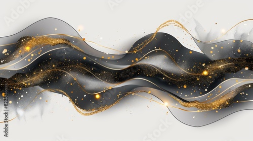 A black and gold abstract backdrop featuring wavy lines, sparkles, and a white base Top-left corner holds a golden and silvery swirl photo