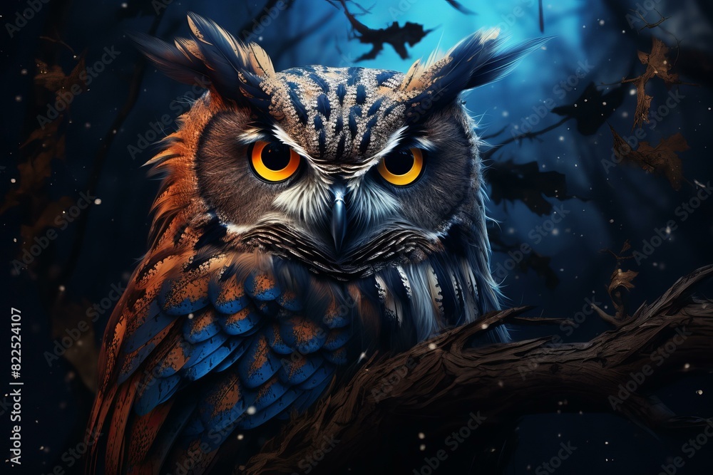Digital illustration of a majestic owl with captivating eyes perched on a branch at night Digital illustration of a majestic owl with captivating eyes perched on a branch at night