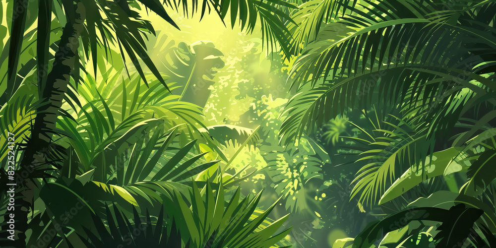 The lush green jungle canopy towers above, teeming with life, its vibrant leaves blocking out the harsh rays of the sun The lush green jungle canopy towers above, teeming with life, its vibrant leaves blocking out the harsh rays of the sun