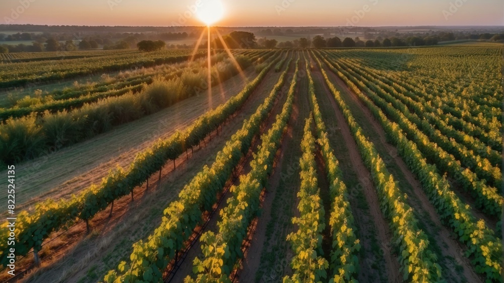 Rows of grape vines stretch to the horizon, bathed in the warm glow of the setting sun. AI.
