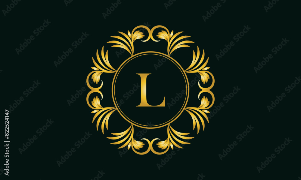 Naklejka premium Golden elegant monogram in the form of a ring design with the letter L in the center. Vector illustration. Luxury ornament for restaurant logo, business, jewelry, etc