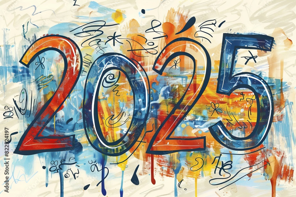 Fototapeta premium 2025 drawing numbers, new year sketch greeting card, doodle celebrate banner, freehand eve poster