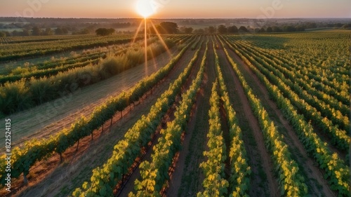 Rows of grape vines stretch to the horizon  bathed in the warm glow of the setting sun. AI.