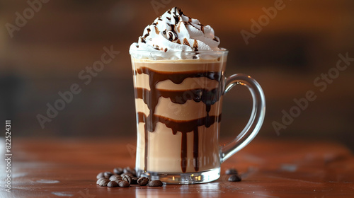 CafÃ© Mocha with Chocolate Syrup: A rich cafÃ© mocha topped with whipped cream and a drizzle of chocolate syrup, served in a clear glass mug.