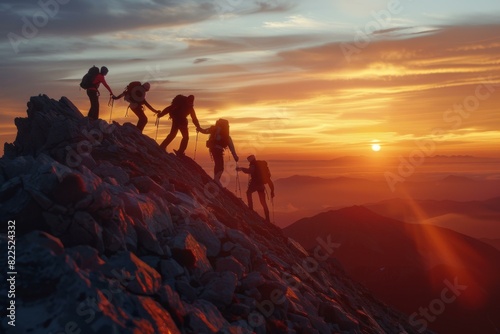 A group of hikers ascend a steep mountain peak at sunrise. AI.