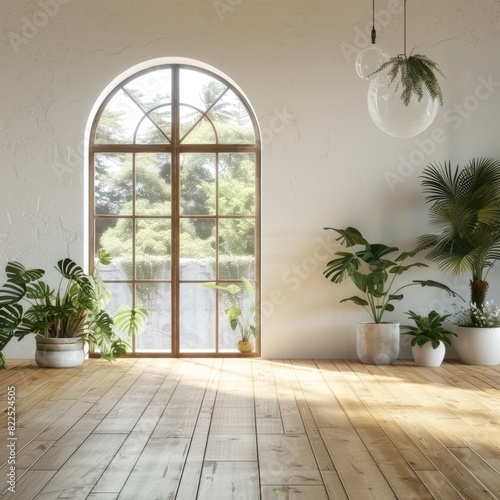 Empty room interior, wood floor banner, modern contemporary loft with many plants on wooden floor © Gleb