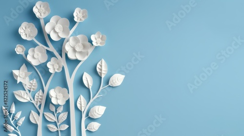  A paper sculpture of flowers and leaves against a blue backdrop Include space for text or insert image for cards, postcards, or brochures photo