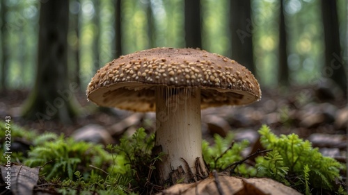 A large brown mushroom with a white stalk grows in a forest. AI.