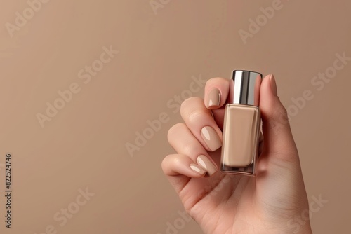 Hand Model With Nails Painted In Beige Holding a Beige Nail Polish Bottle Nail Salon