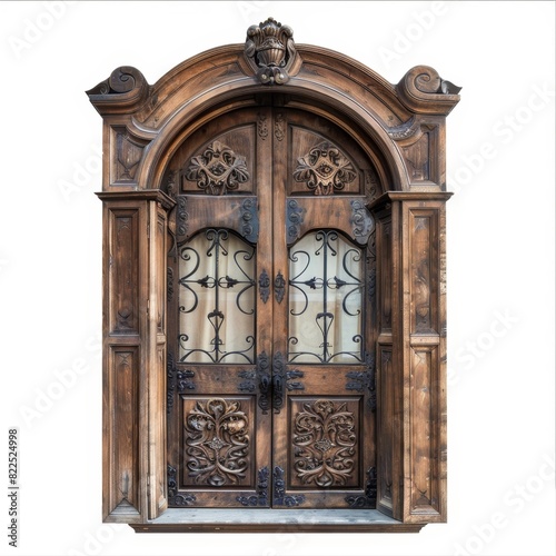 Old window isolated, antique door, wood shutters, vintage wooden windows, closed wardrobe