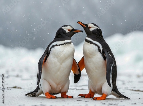 Two penguins standing on the beach  looking at each other. AI.