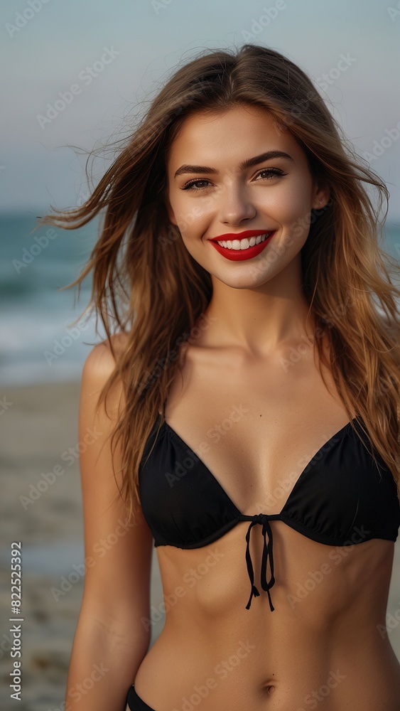 Potrait beautiful smilling western woman model, wearing bikini in beach photoshoot, red lipstick, beautiful hairstyle