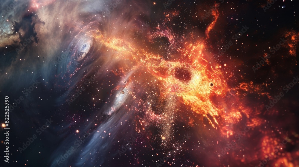 Naklejka premium The particles emitted from the black hole seem to merge and collide creating a dazzling fireworks show in the depths of space.