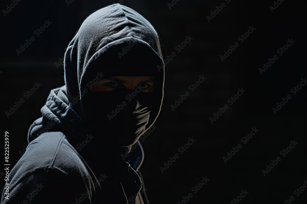 Criminal wearing black balaclava and hoodie in the dark Criminal wearing black balaclava and hoodie in the dark