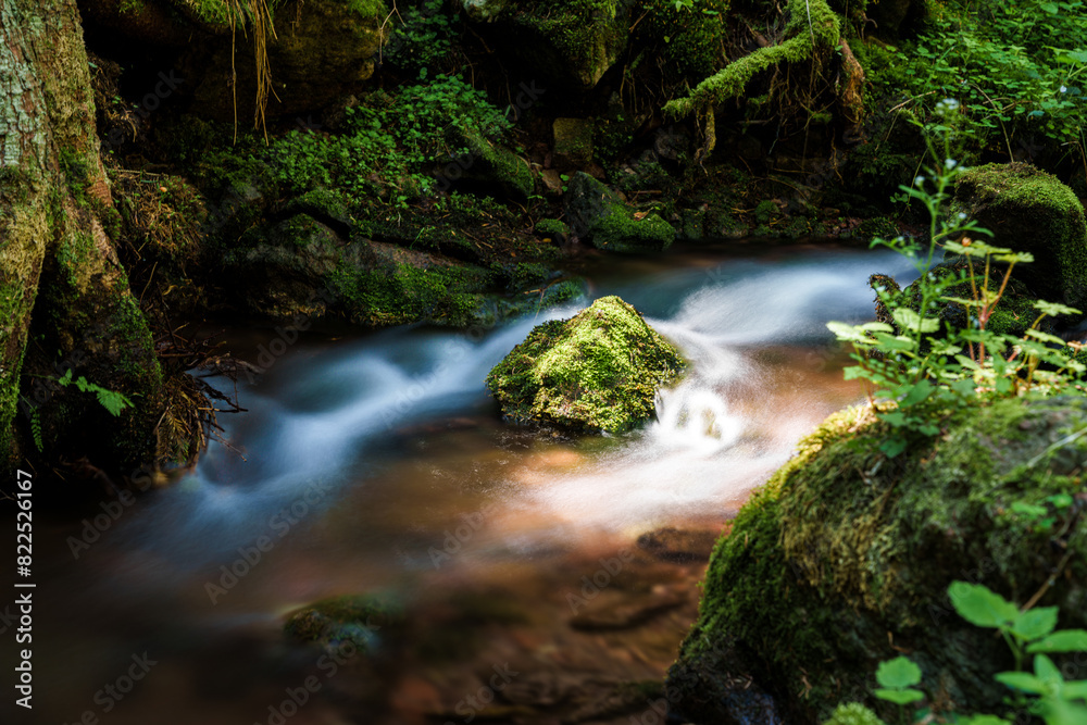 A tranquil small waterfall nestled within the heart of a lush forest A tranquil small waterfall nestled within the heart of a lush forest