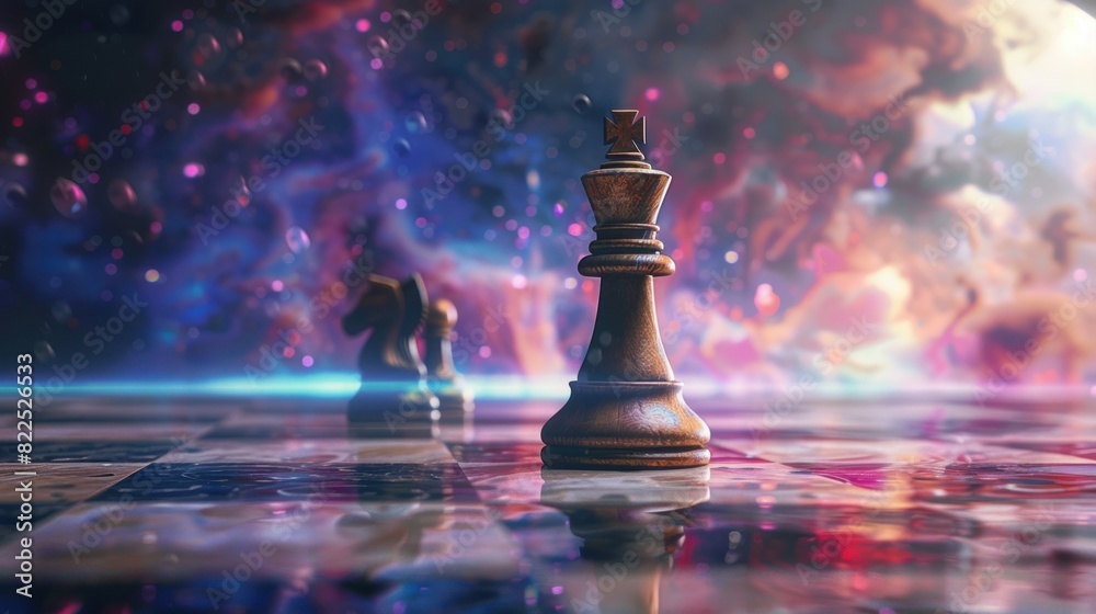 Naklejka premium 3d illustration a Chess queen figure standing alone on chessboard, dramatic background. Generate AI