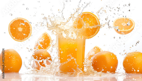Orange juice splashing with orange fruit. Isolated on white background
