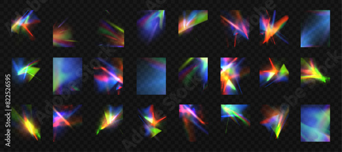 Rainbow light rays, lens flare, reflection effect from crystal, glass or gem. Vector realistic illustration set of light leak effect with spectrum glare, prism refraction, lens flare