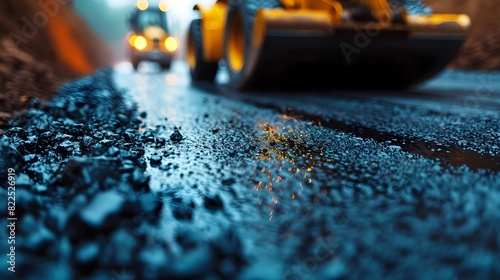 Worker paving road with asphalt, focus on foreground texture, machinery and vehicle in background.
