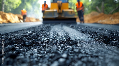 Worker paving road with asphalt, focus on foreground texture, machinery and vehicle in background.