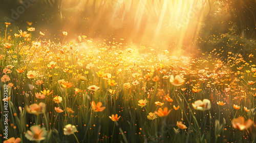 vibrant meadow of wildflowers basks in the golden sunlight © Neo
