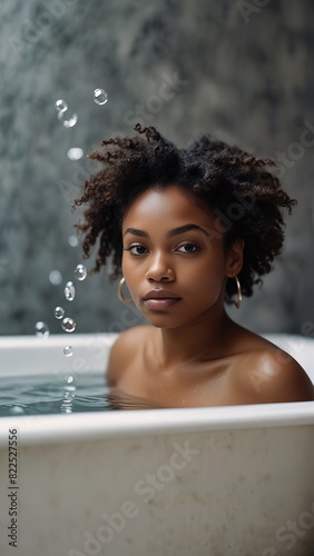 portrait of a beautiful black woman taking a bath  with bubble  beautiful hairstyle  different pose  blurred bedroom background