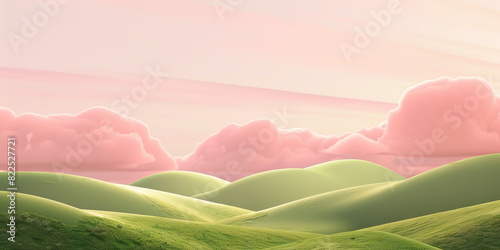 The soft pink clouds float serenely above  casting a rosy glow over the rolling green hills