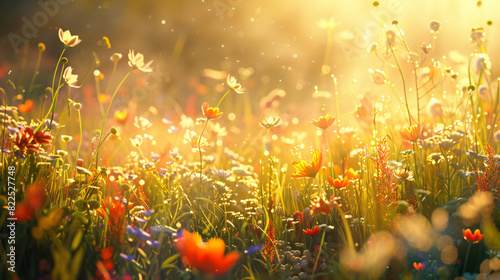vibrant meadow of wildflowers basks in the golden sunlight