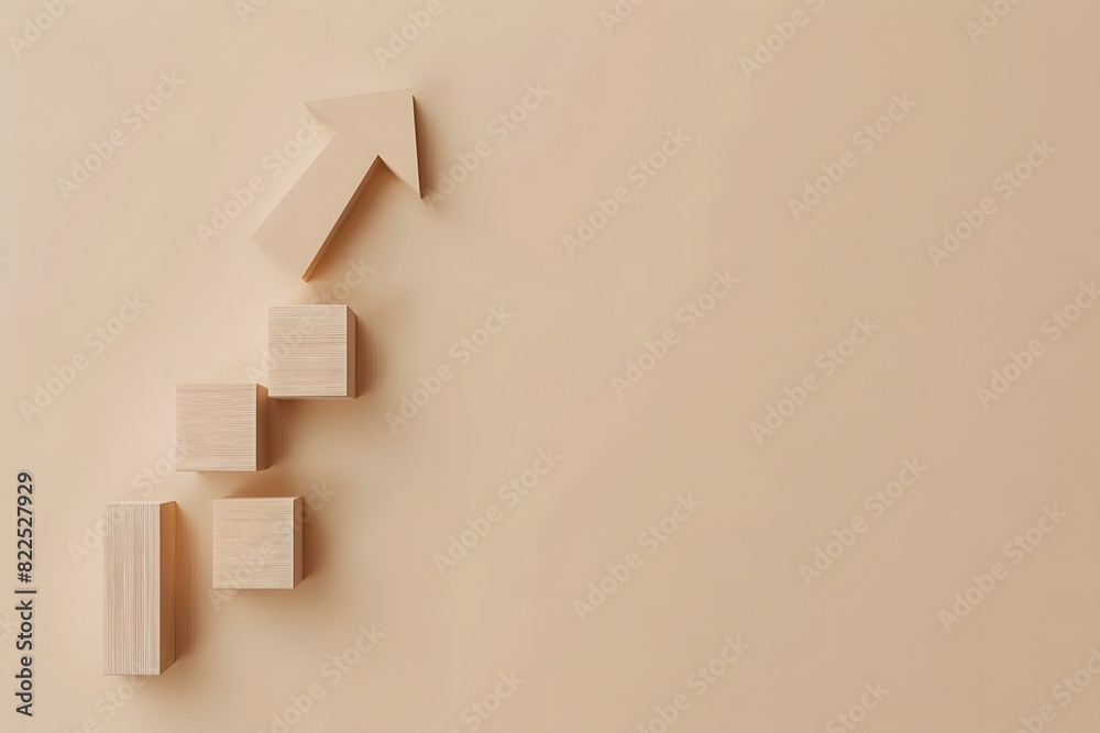 3D Render of Graph with Arrow Pointing Up and Wooden Blocks 3D Render of Graph with Arrow Pointing Up and Wooden Blocks