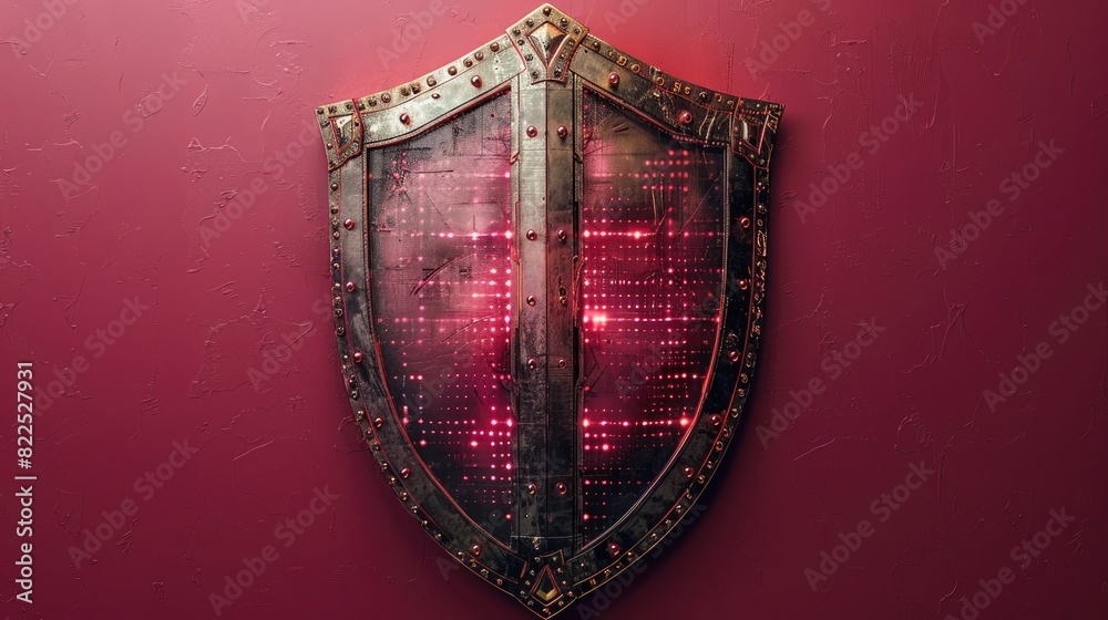 Fototapeta premium A cyber shield with a grid of encrypted data, on a solid maroon background.